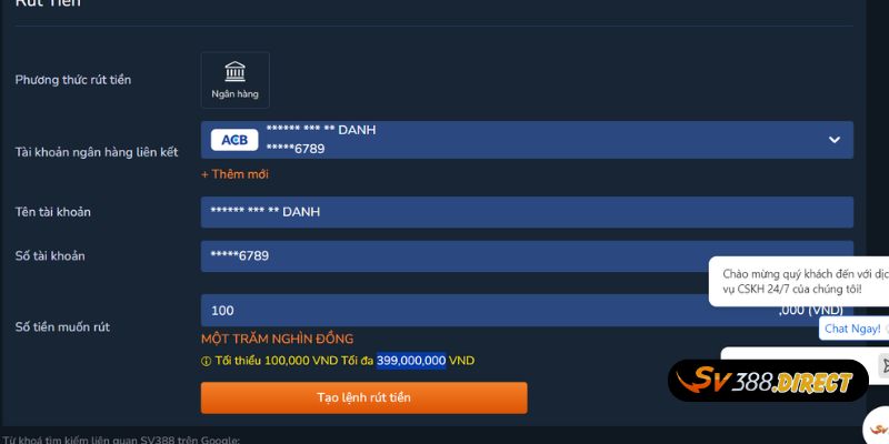 Màn hình giao dịch rút thưởng từ SV388